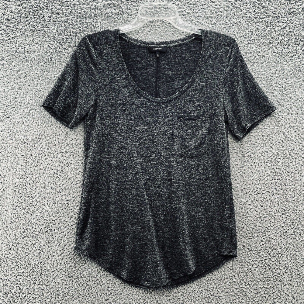 Babaton Blouse Gray Black Space Dye Jersey Knit Scoop Neck T Shirt Top